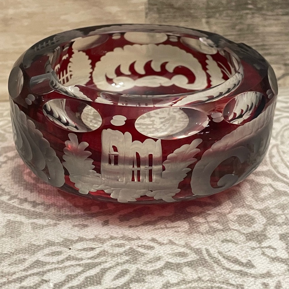 Vintage Bohemian Ruby Red Cut to Clear Glass Ashtray Etched Deer Bird Crystal